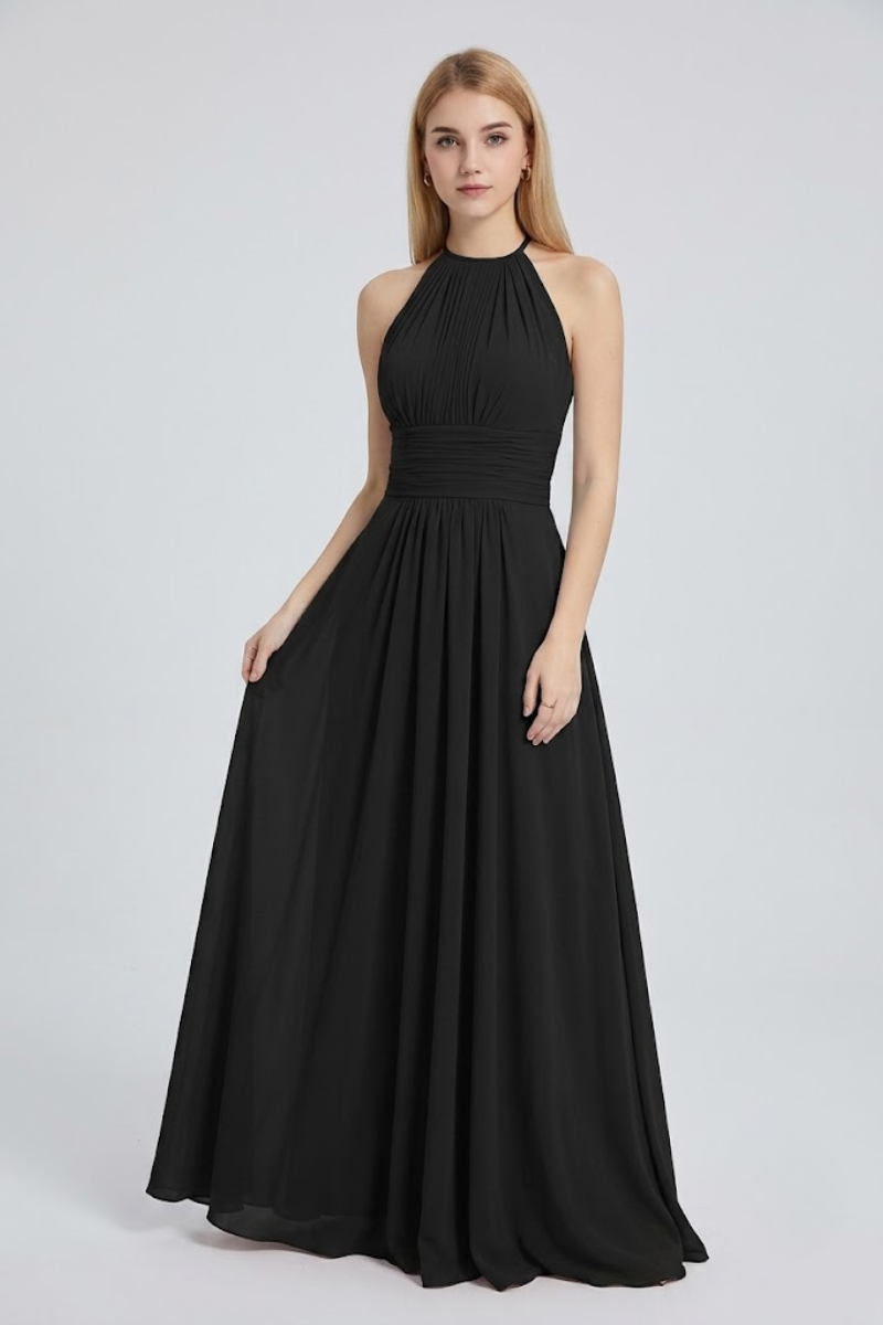 Women's Dusty Blue Halter Neck Chiffon Bridesmaid Maxi Dress