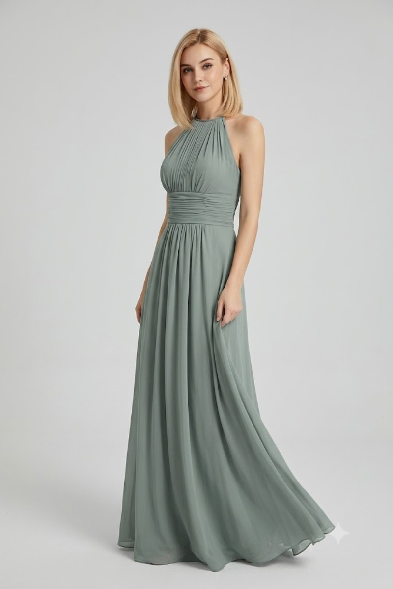 Women's Dusty Blue Halter Neck Chiffon Bridesmaid Maxi Dress