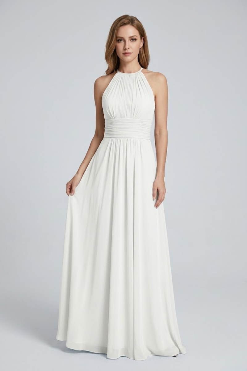 Women's Dusty Blue Halter Neck Chiffon Bridesmaid Maxi Dress