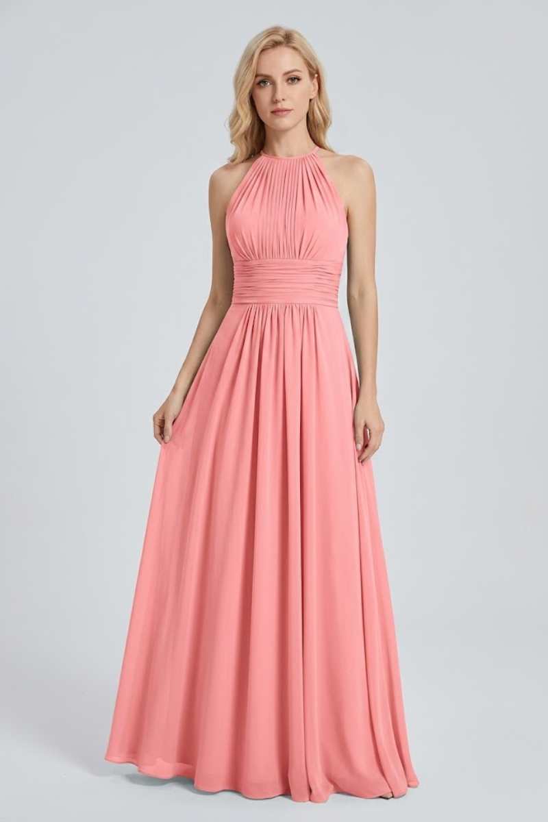 Women's Dusty Blue Halter Neck Chiffon Bridesmaid Maxi Dress