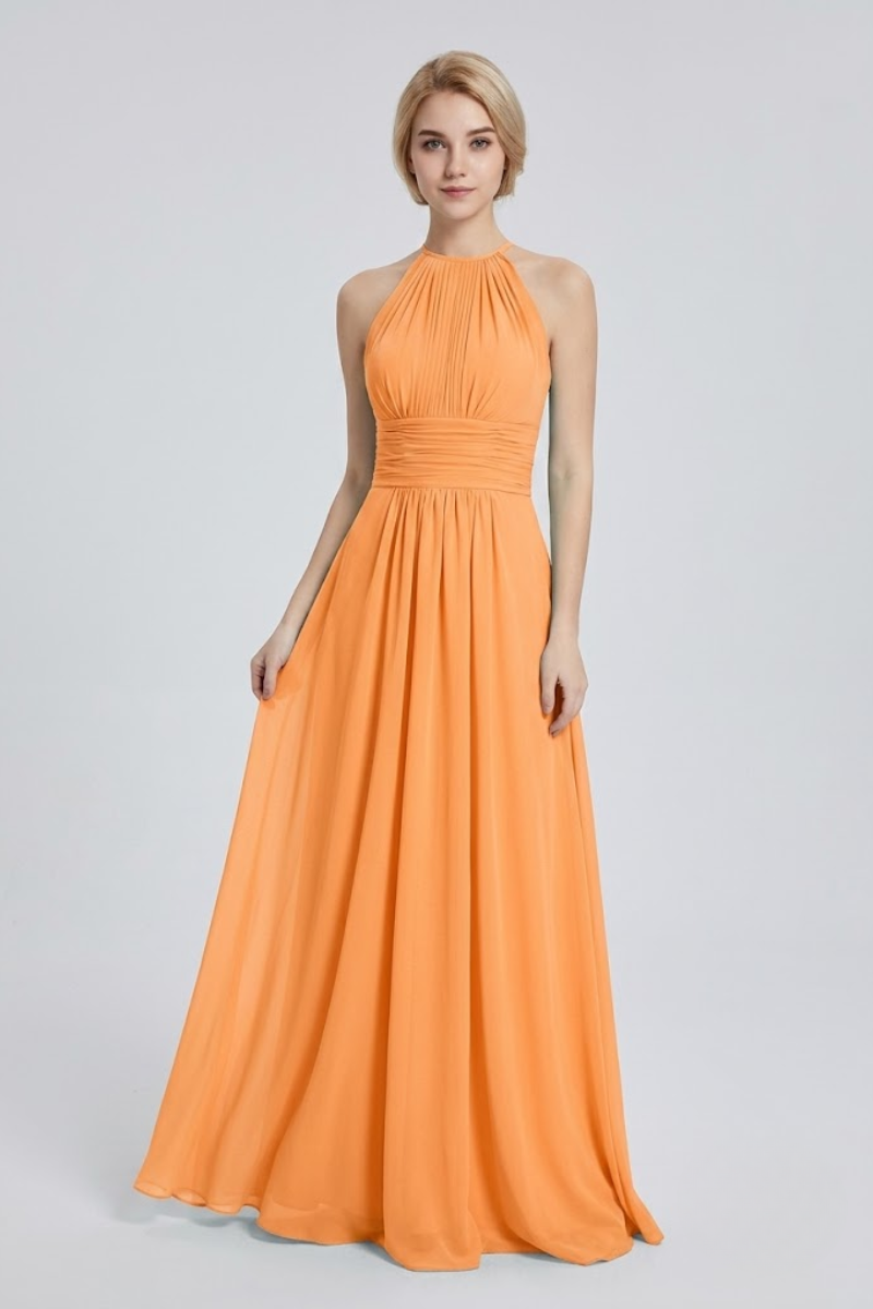Women's Dusty Blue Halter Neck Chiffon Bridesmaid Maxi Dress