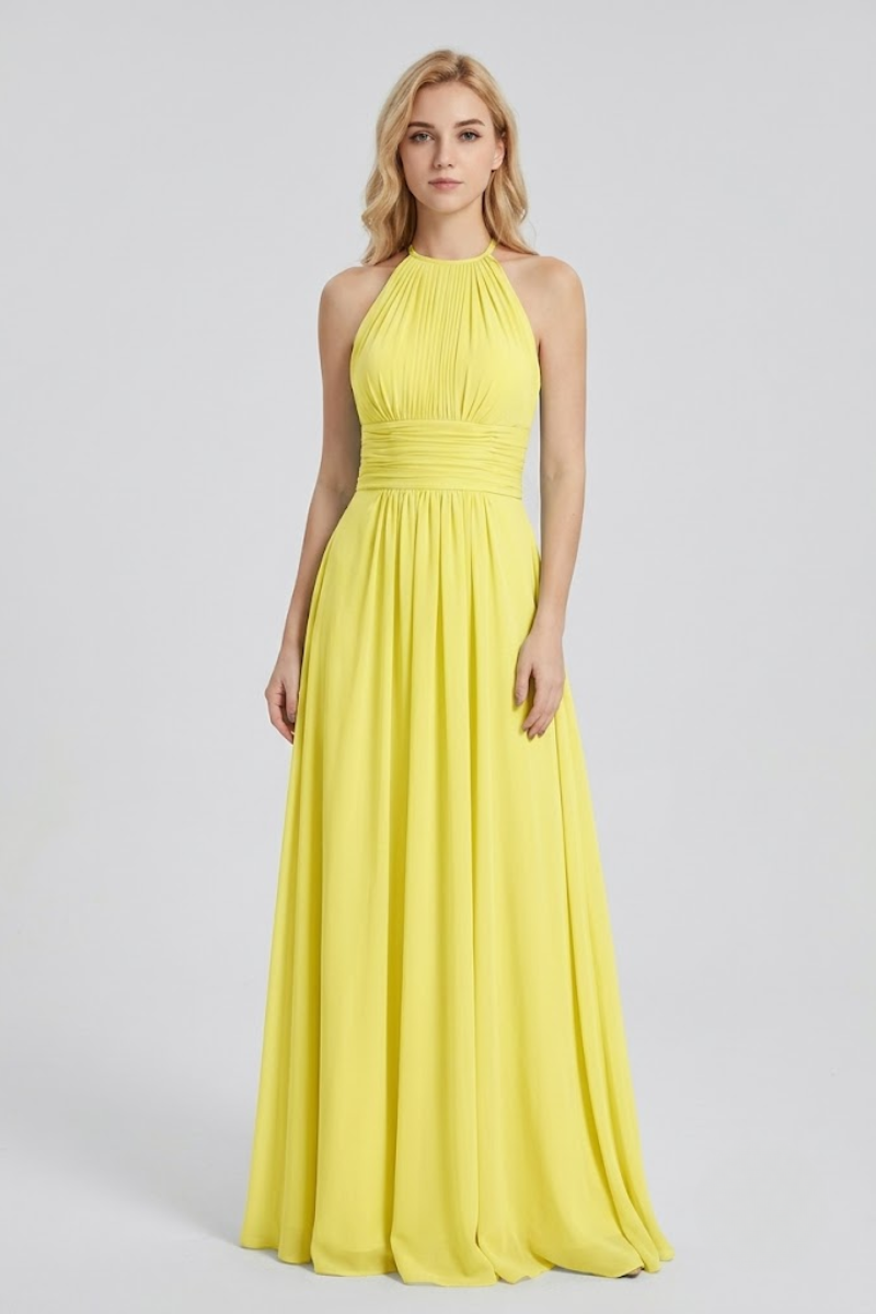 Women's Dusty Blue Halter Neck Chiffon Bridesmaid Maxi Dress