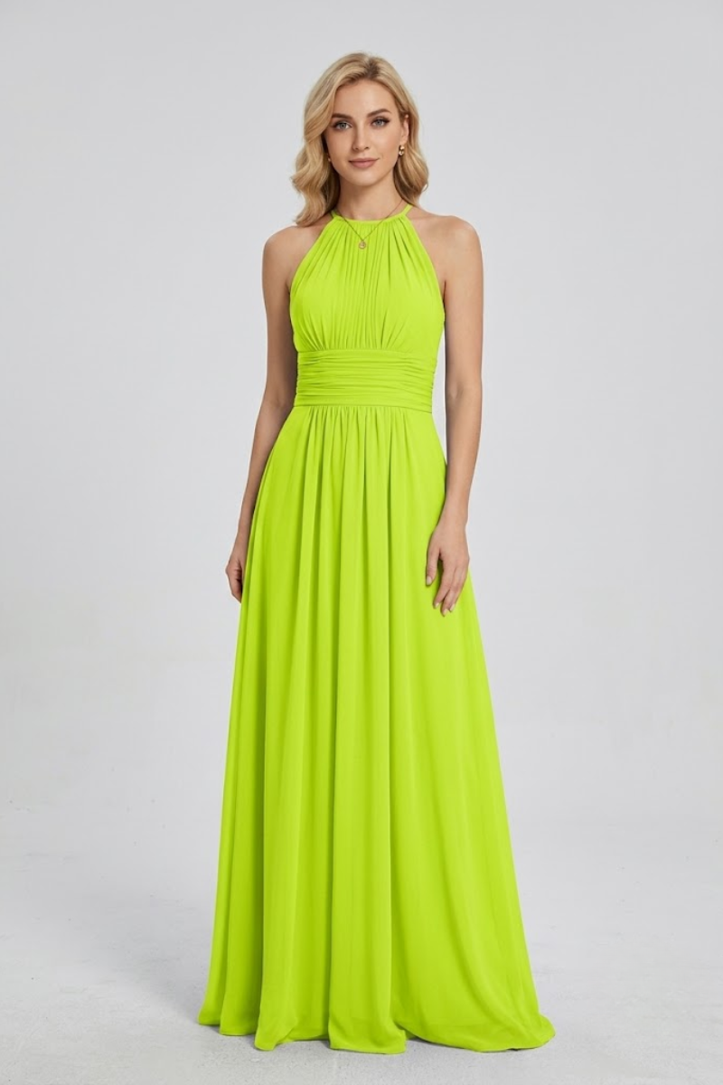 Women's Dusty Blue Halter Neck Chiffon Bridesmaid Maxi Dress