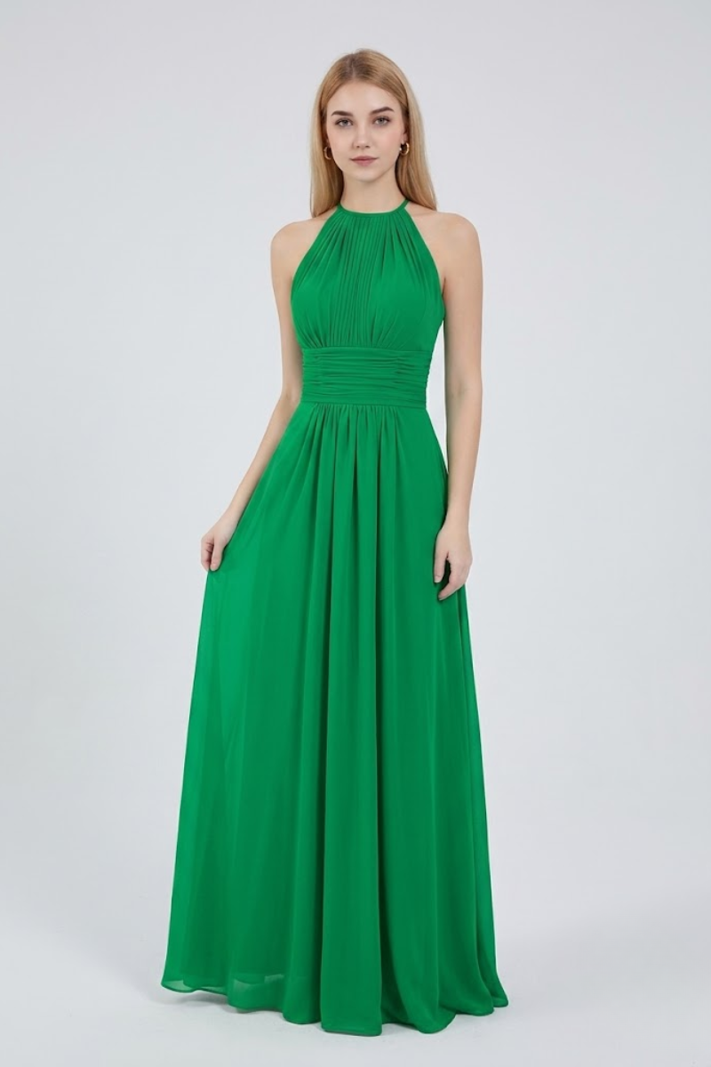 Women's Dusty Blue Halter Neck Chiffon Bridesmaid Maxi Dress