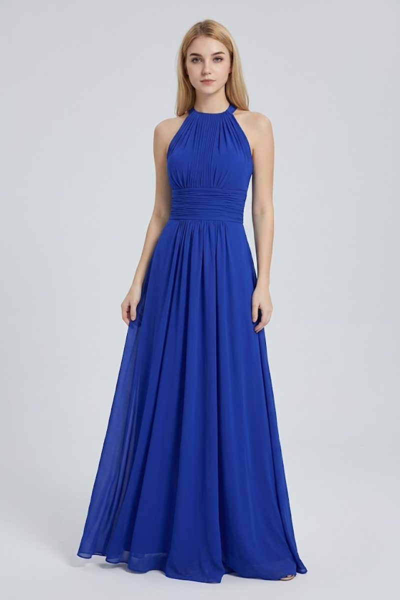 Women's Dusty Blue Halter Neck Chiffon Bridesmaid Maxi Dress