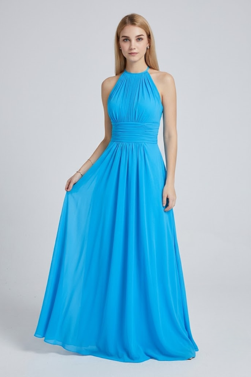 Women's Dusty Blue Halter Neck Chiffon Bridesmaid Maxi Dress