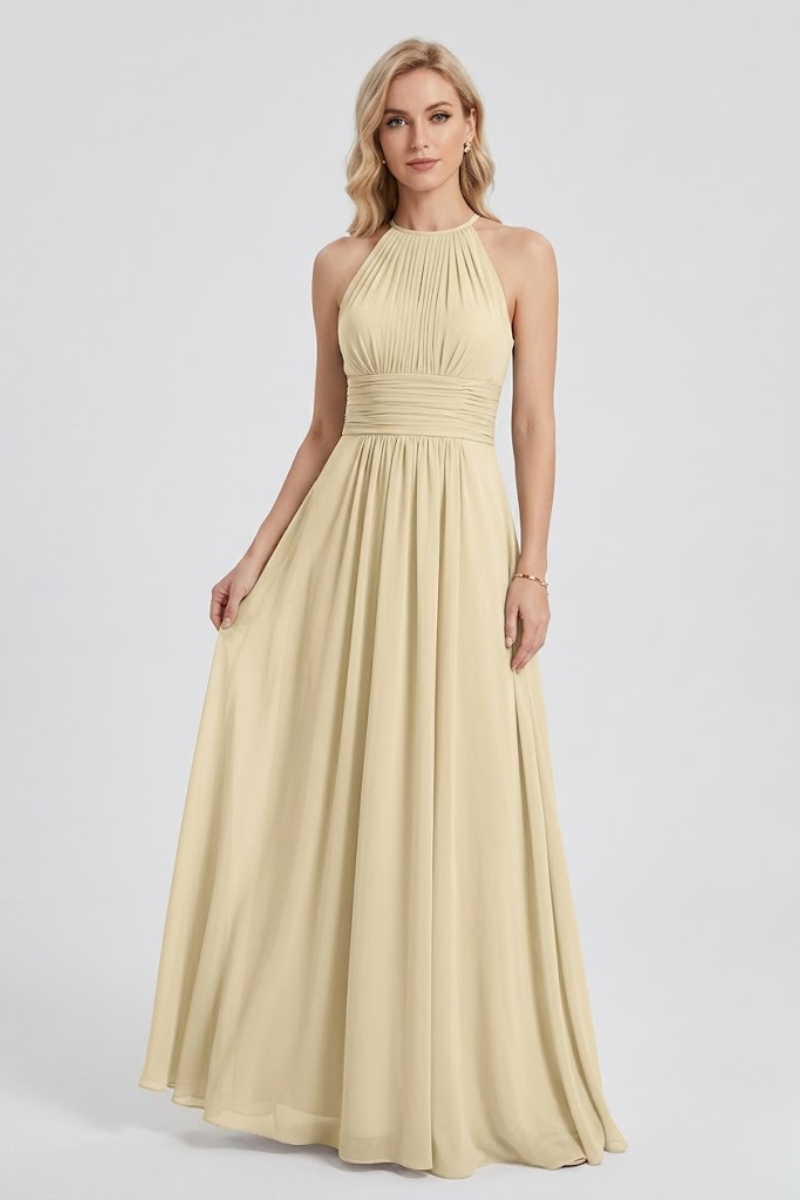 Women's Dusty Blue Halter Neck Chiffon Bridesmaid Maxi Dress