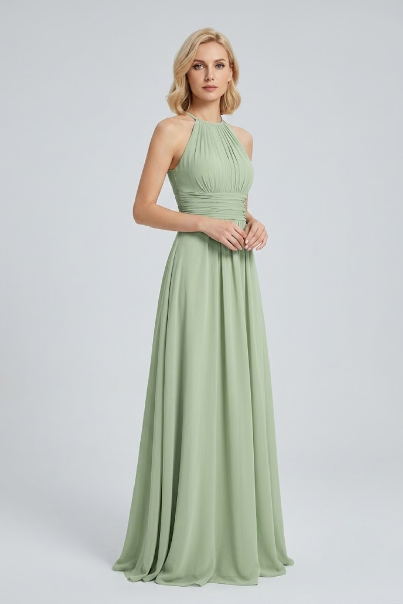 Women's Dusty Sage Halter Neck Chiffon Bridesmaid Maxi Dress