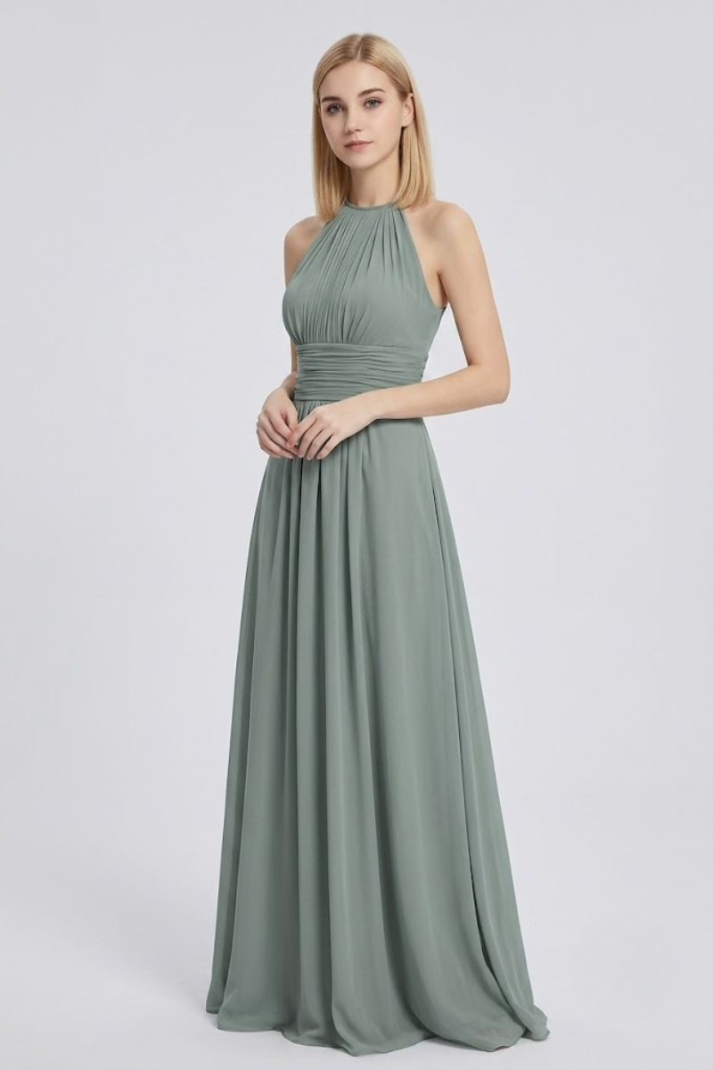 Women's Dusty Sage Halter Neck Chiffon Bridesmaid Maxi Dress