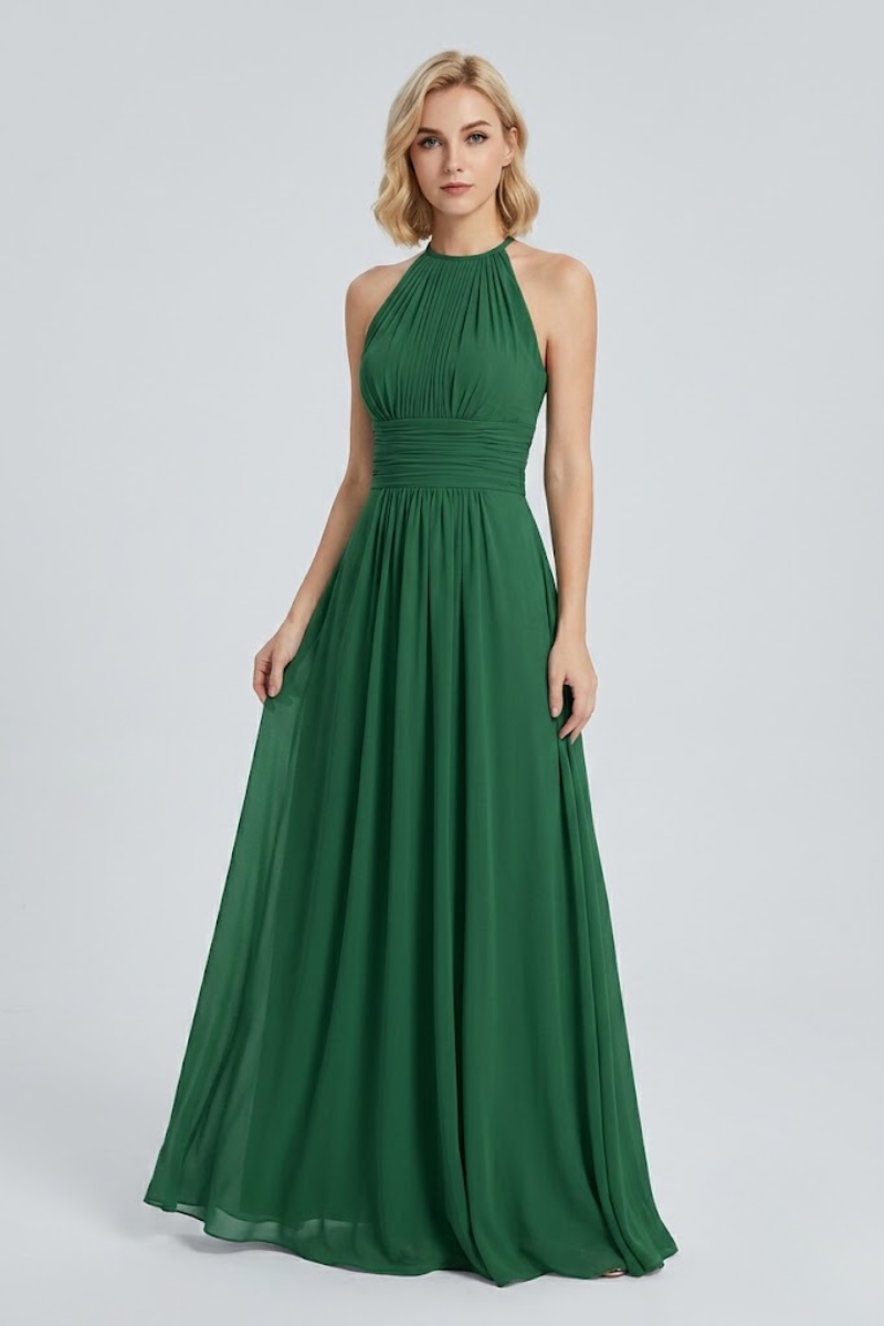 Women's Dusty Sage Halter Neck Chiffon Bridesmaid Maxi Dress