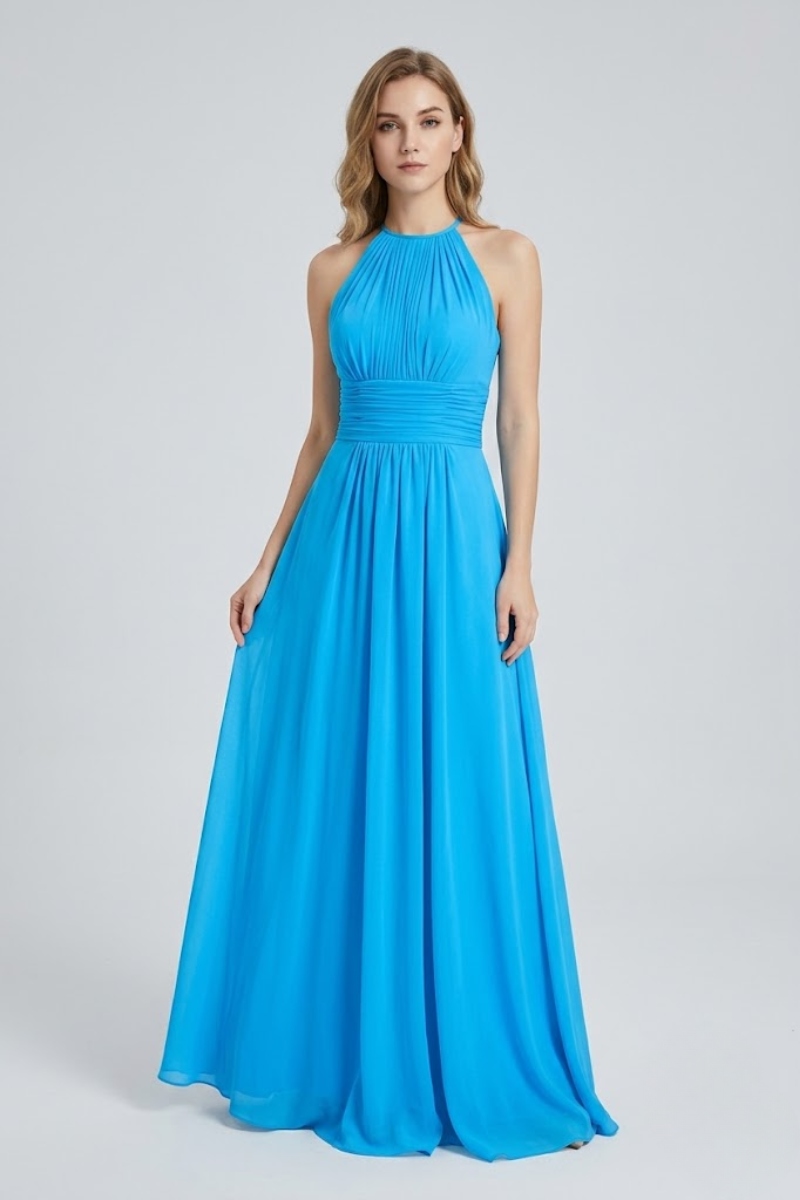 Women's Dusty Sage Halter Neck Chiffon Bridesmaid Maxi Dress