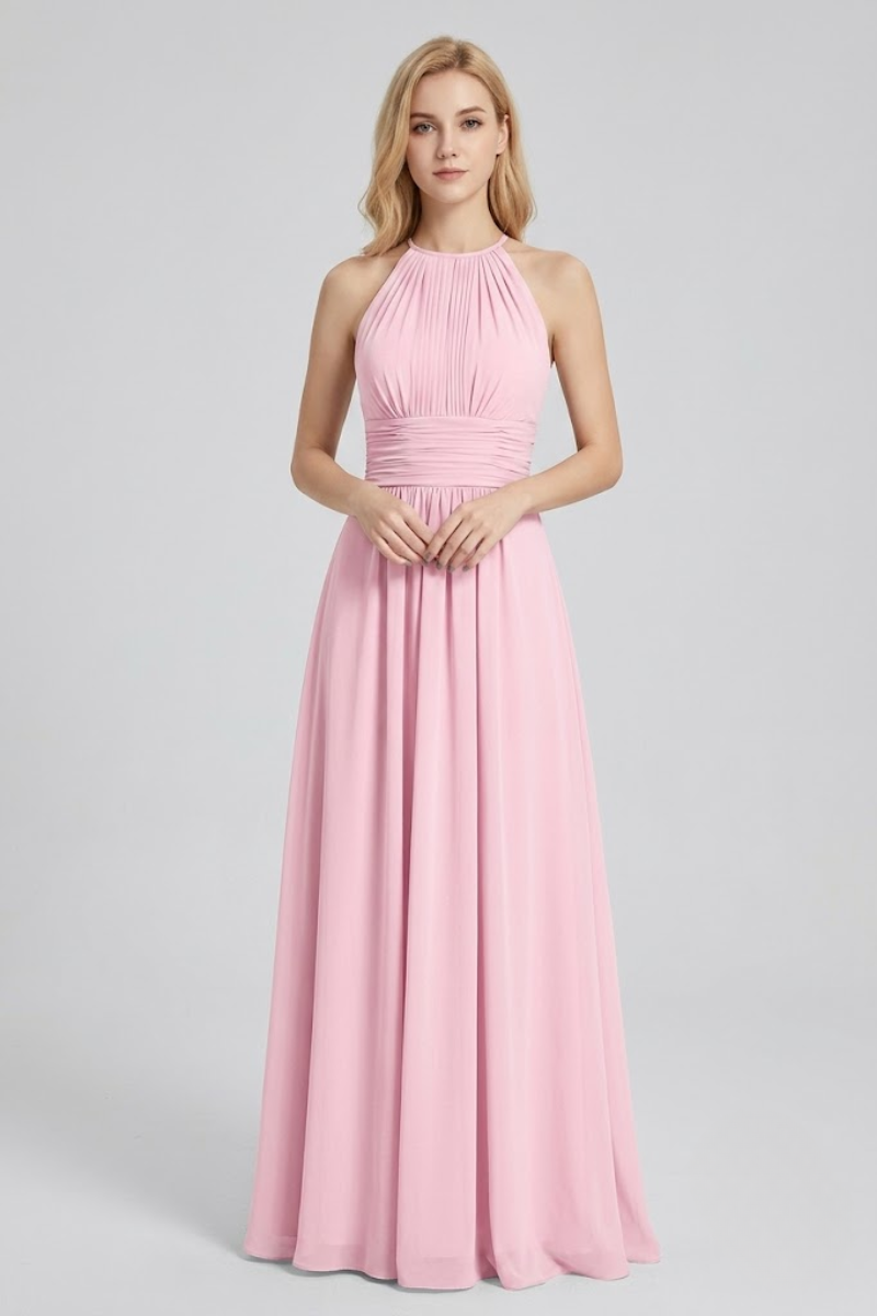 Women's Dusty Sage Halter Neck Chiffon Bridesmaid Maxi Dress