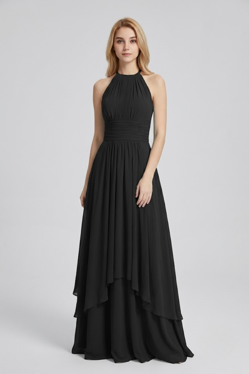 Women's Dusty Sage Halter Neck Chiffon Bridesmaid Maxi Dress