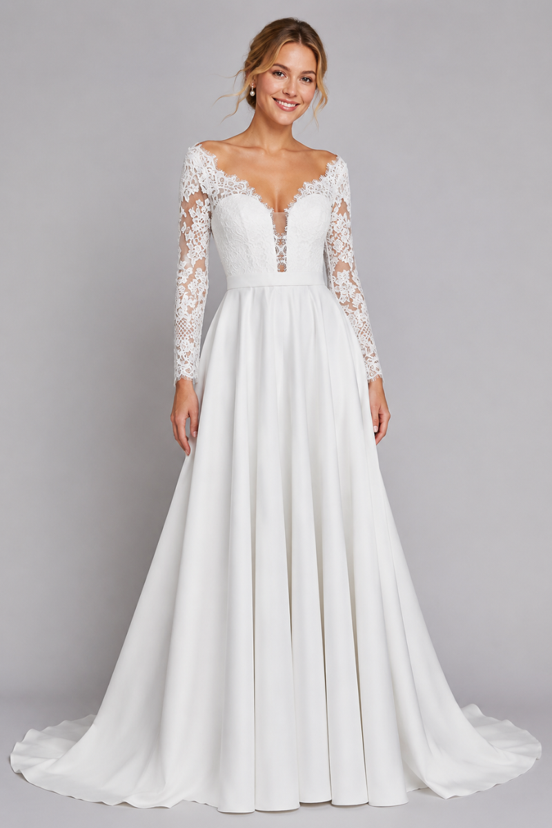 Women's Elegant Backless Long Sleeve Wedding Gown