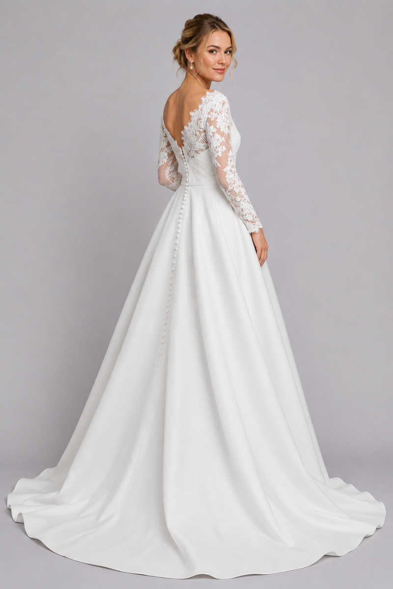 Women's Elegant Backless Long Sleeve Wedding Gown