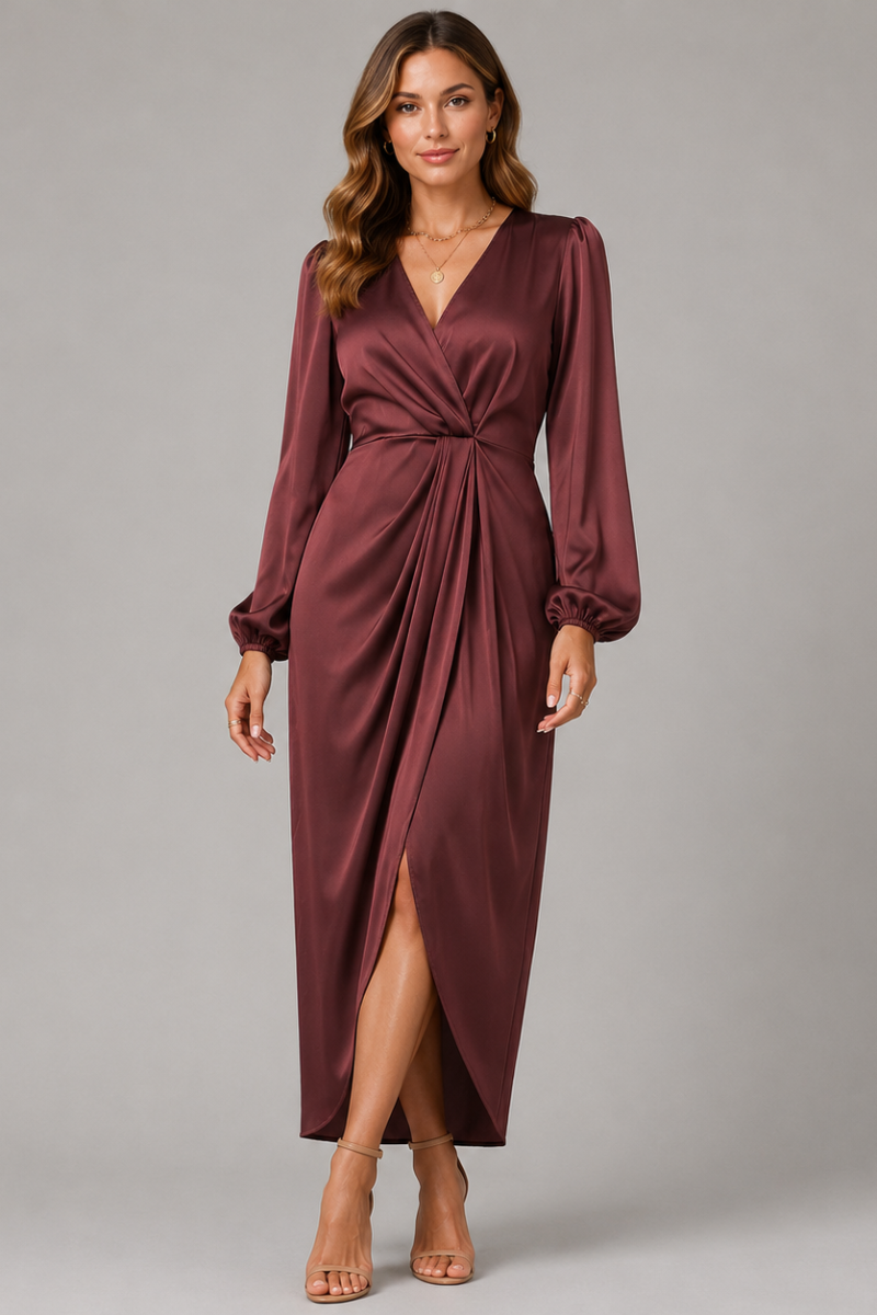 Women's Elegant V-Neck Lantern Sleeve Midi Dress