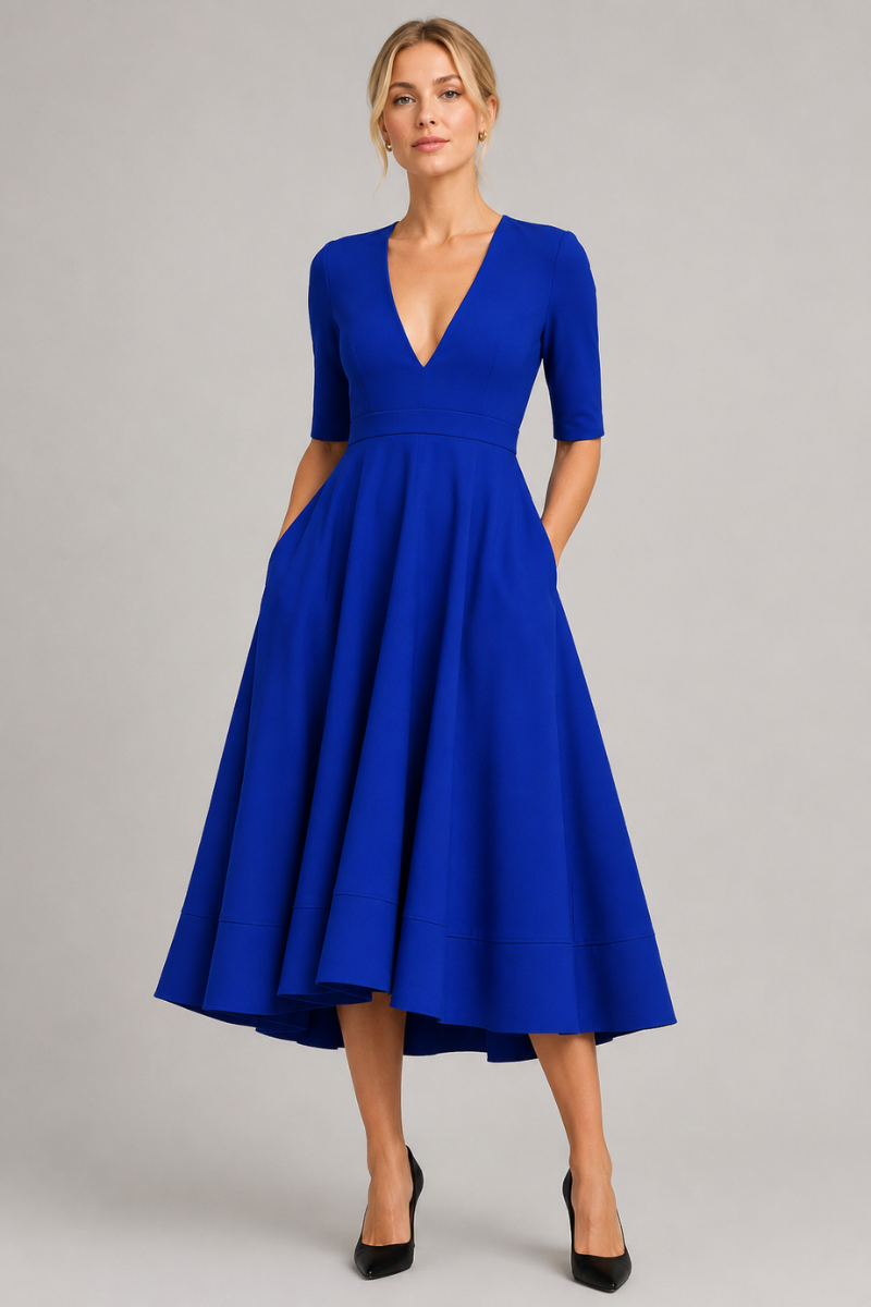 Women's Elegant V-Neck Midi Dress with Three-Quarter Sleeves