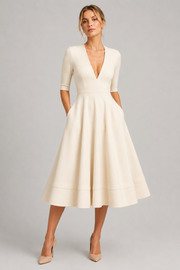 Women's Elegant V-Neck Midi Dress with Three-Quarter Sleeves