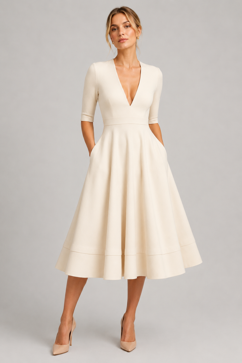 Women's Elegant V-Neck Midi Dress with Three-Quarter Sleeves