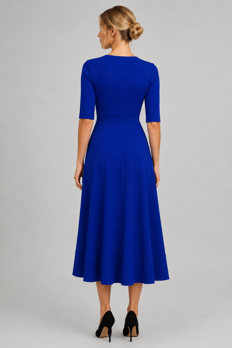 Women's Elegant V-Neck Midi Dress with Three-Quarter Sleeves