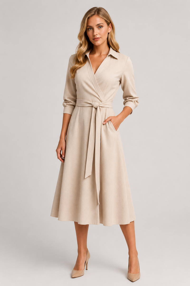 Women's Elegant Wrap Midi Dress with Belt – Occasion Dress