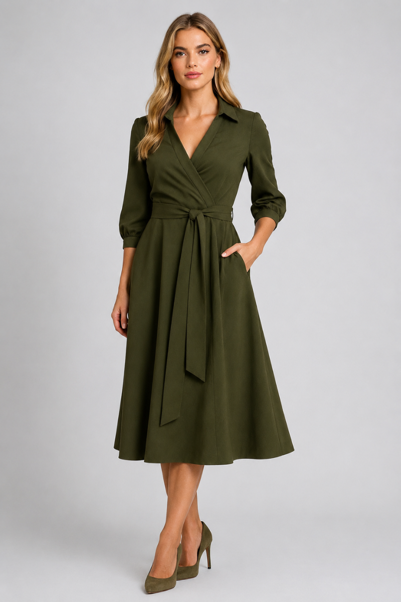 Women's Elegant Wrap Midi Dress with Belt – Occasion Dress