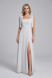 Damen Eukalyptus Chiffon Maxikleid mit quadratischem Ausschnitt, doppelten Schleifen-Trägern und Seitenschlitz