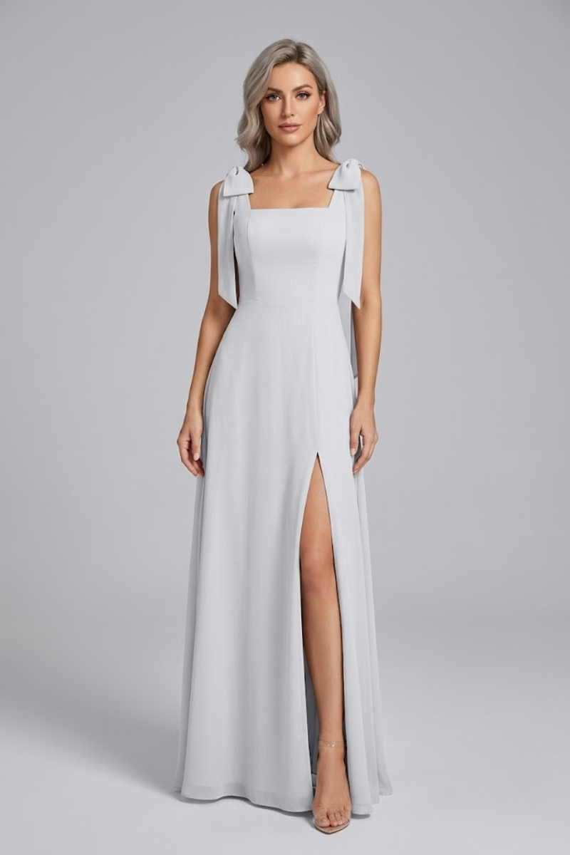 Damen Eukalyptus Chiffon Maxikleid mit quadratischem Ausschnitt, doppelten Schleifen-Trägern und Seitenschlitz