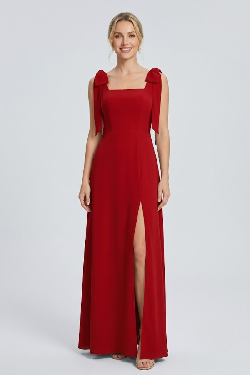 Damen Eukalyptus Chiffon Maxikleid mit quadratischem Ausschnitt, doppelten Schleifen-Trägern und Seitenschlitz