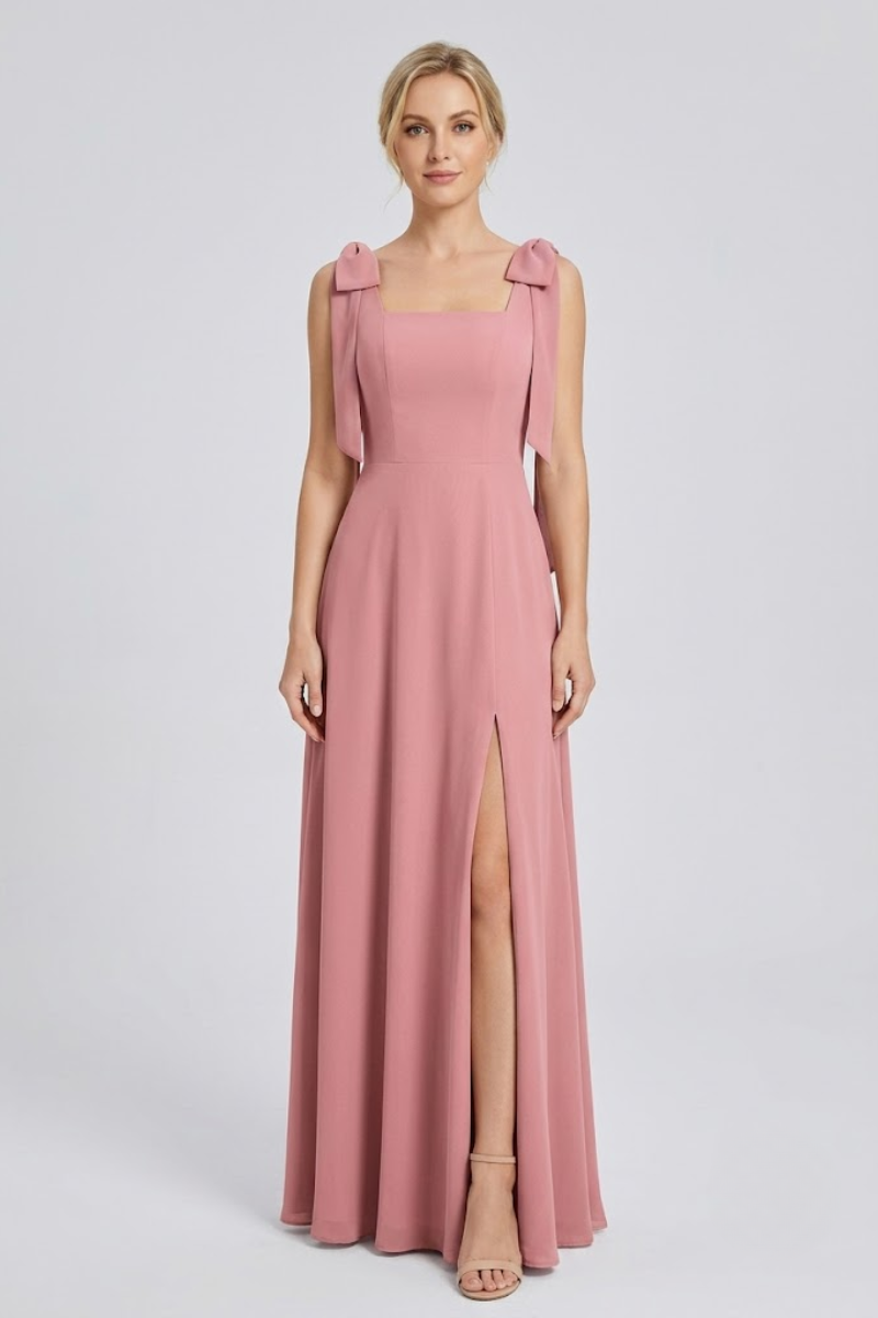 Damen Eukalyptus Chiffon Maxikleid mit quadratischem Ausschnitt, doppelten Schleifen-Trägern und Seitenschlitz
