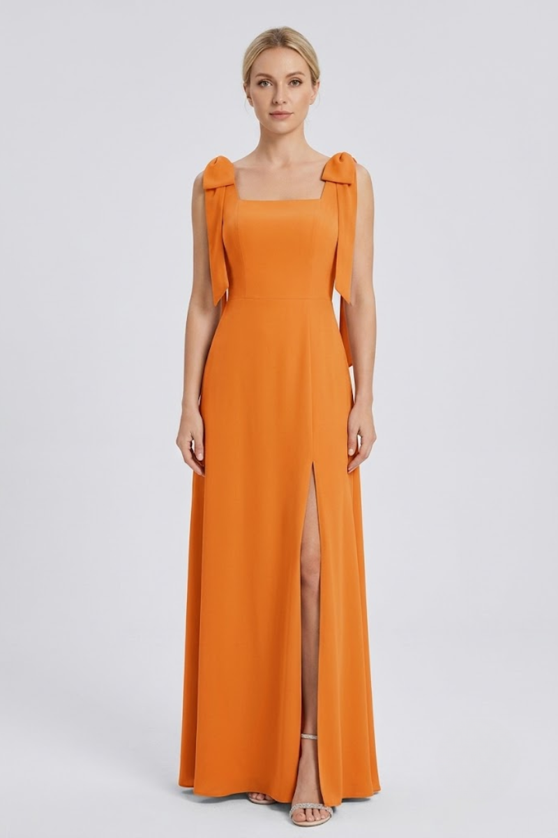 Damen Eukalyptus Chiffon Maxikleid mit quadratischem Ausschnitt, doppelten Schleifen-Trägern und Seitenschlitz