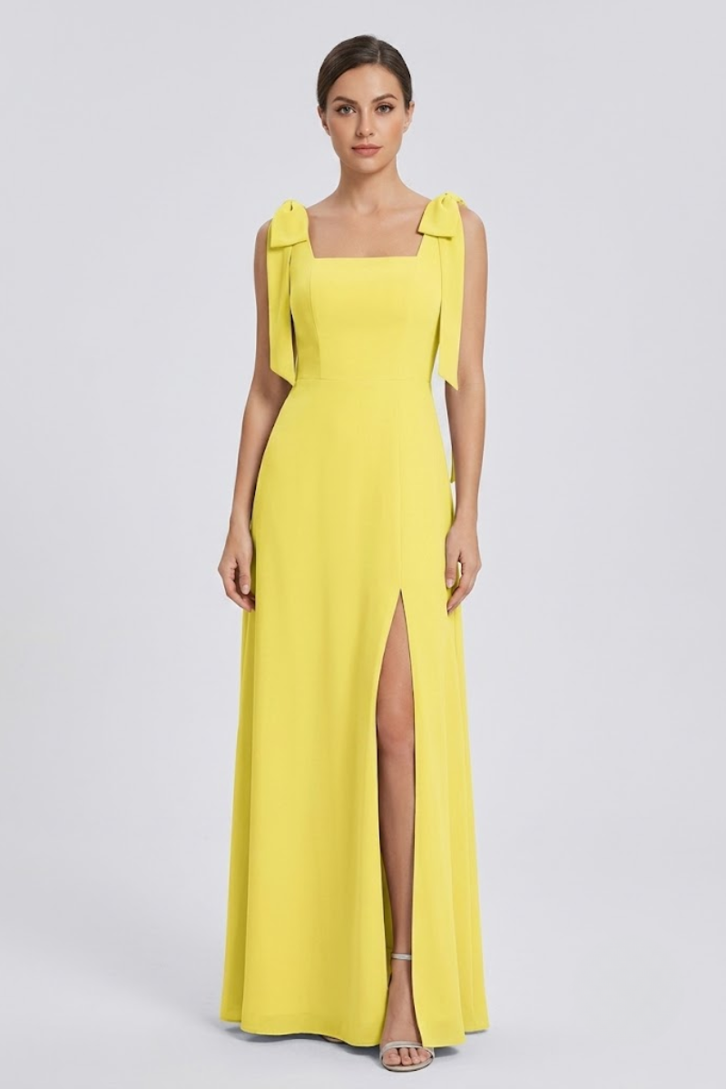 Damen Eukalyptus Chiffon Maxikleid mit quadratischem Ausschnitt, doppelten Schleifen-Trägern und Seitenschlitz
