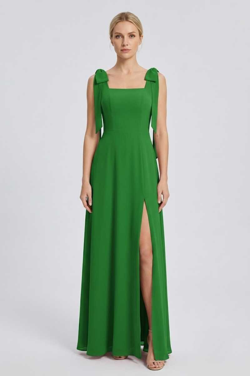 Damen Eukalyptus Chiffon Maxikleid mit quadratischem Ausschnitt, doppelten Schleifen-Trägern und Seitenschlitz