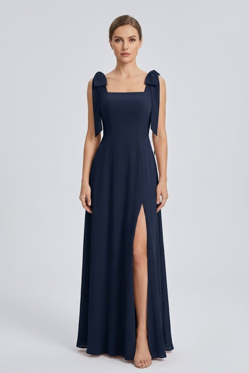 Damen Eukalyptus Chiffon Maxikleid mit quadratischem Ausschnitt, doppelten Schleifen-Trägern und Seitenschlitz