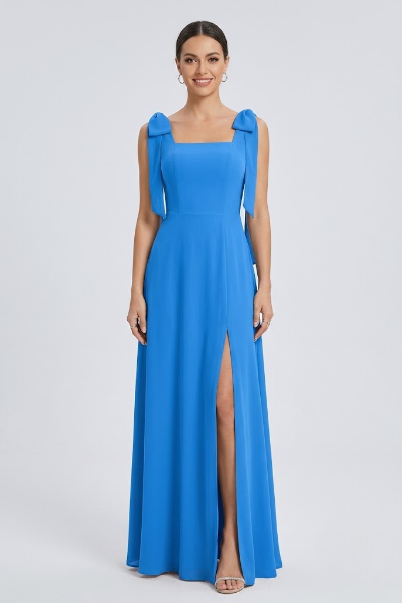 Damen Eukalyptus Chiffon Maxikleid mit quadratischem Ausschnitt, doppelten Schleifen-Trägern und Seitenschlitz