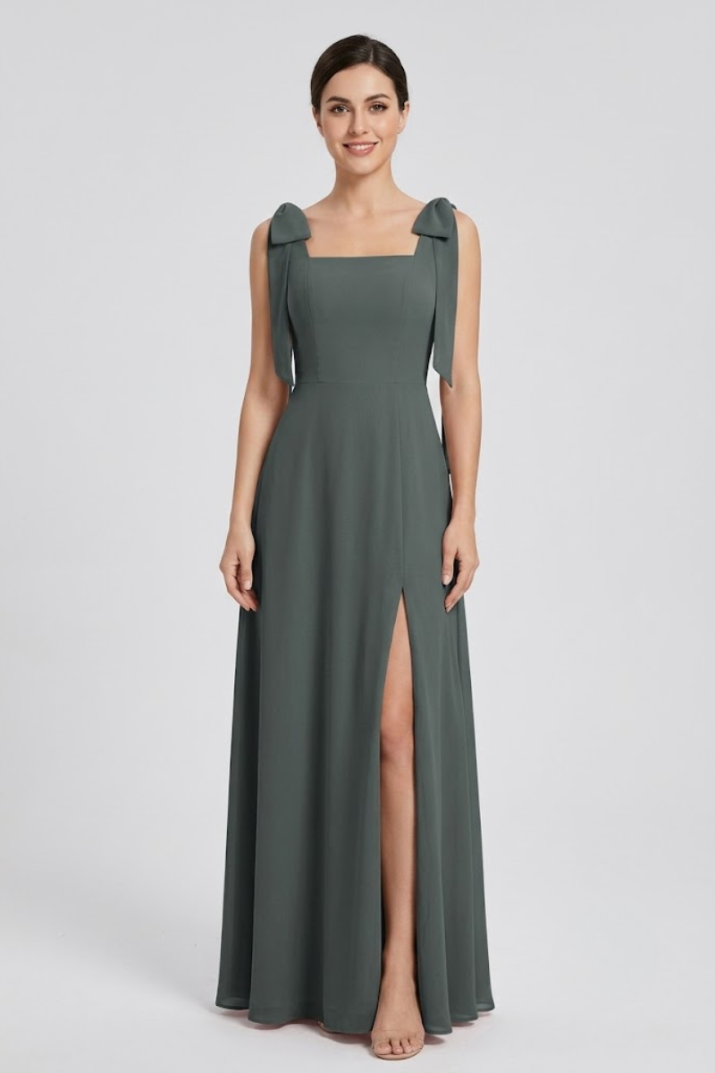 Damen Eukalyptus Chiffon Maxikleid mit quadratischem Ausschnitt, doppelten Schleifen-Trägern und Seitenschlitz