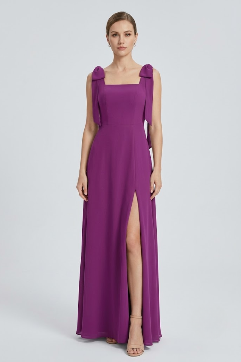 Damen Eukalyptus Chiffon Maxikleid mit quadratischem Ausschnitt, doppelten Schleifen-Trägern und Seitenschlitz
