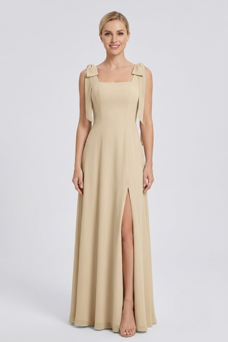 Damen Eukalyptus Chiffon Maxikleid mit quadratischem Ausschnitt, doppelten Schleifen-Trägern und Seitenschlitz