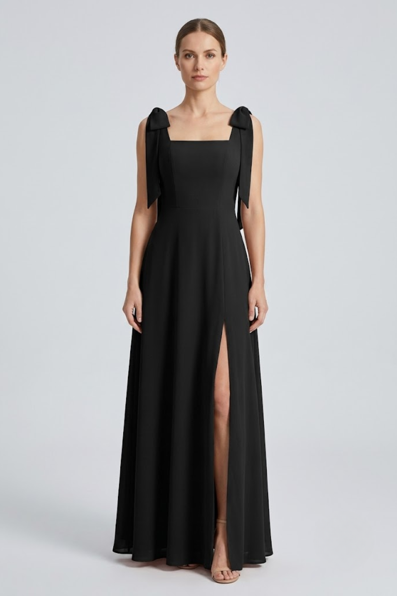 Damen Eukalyptus Chiffon Maxikleid mit quadratischem Ausschnitt, doppelten Schleifen-Trägern und Seitenschlitz