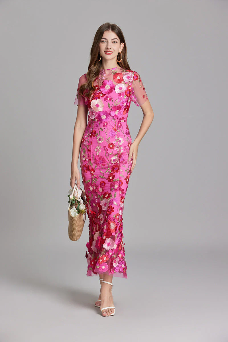 Women's Floral Embroidered Maxi Dress - Sheer Overlay Formal Evening Dress