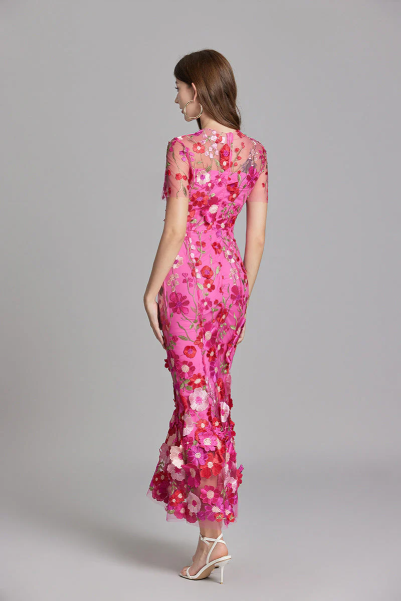 Women's Floral Embroidered Maxi Dress - Sheer Overlay Formal Evening Dress