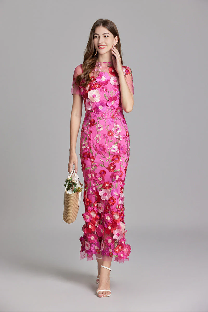 Women's Floral Embroidered Maxi Dress - Sheer Overlay Formal Evening Dress