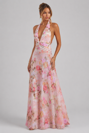 Women's Floral Halter Neck Maxi Dress – Elegant Summer Occasion Dress