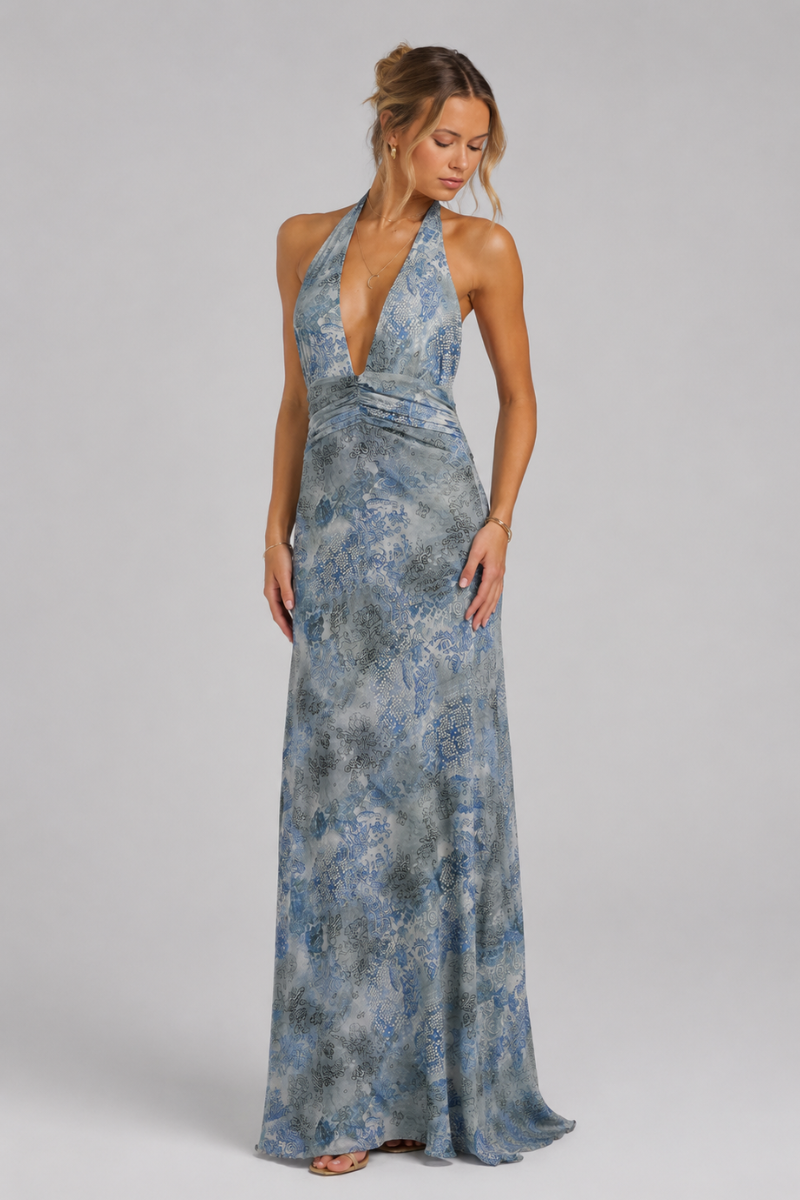 Women's Floral Halter Neck Maxi Dress – Elegant Summer Occasion Dress