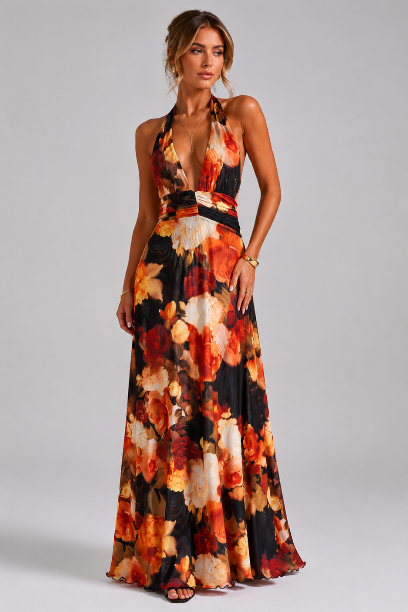 Women's Floral Halter Neck Maxi Dress – Elegant Summer Occasion Dress