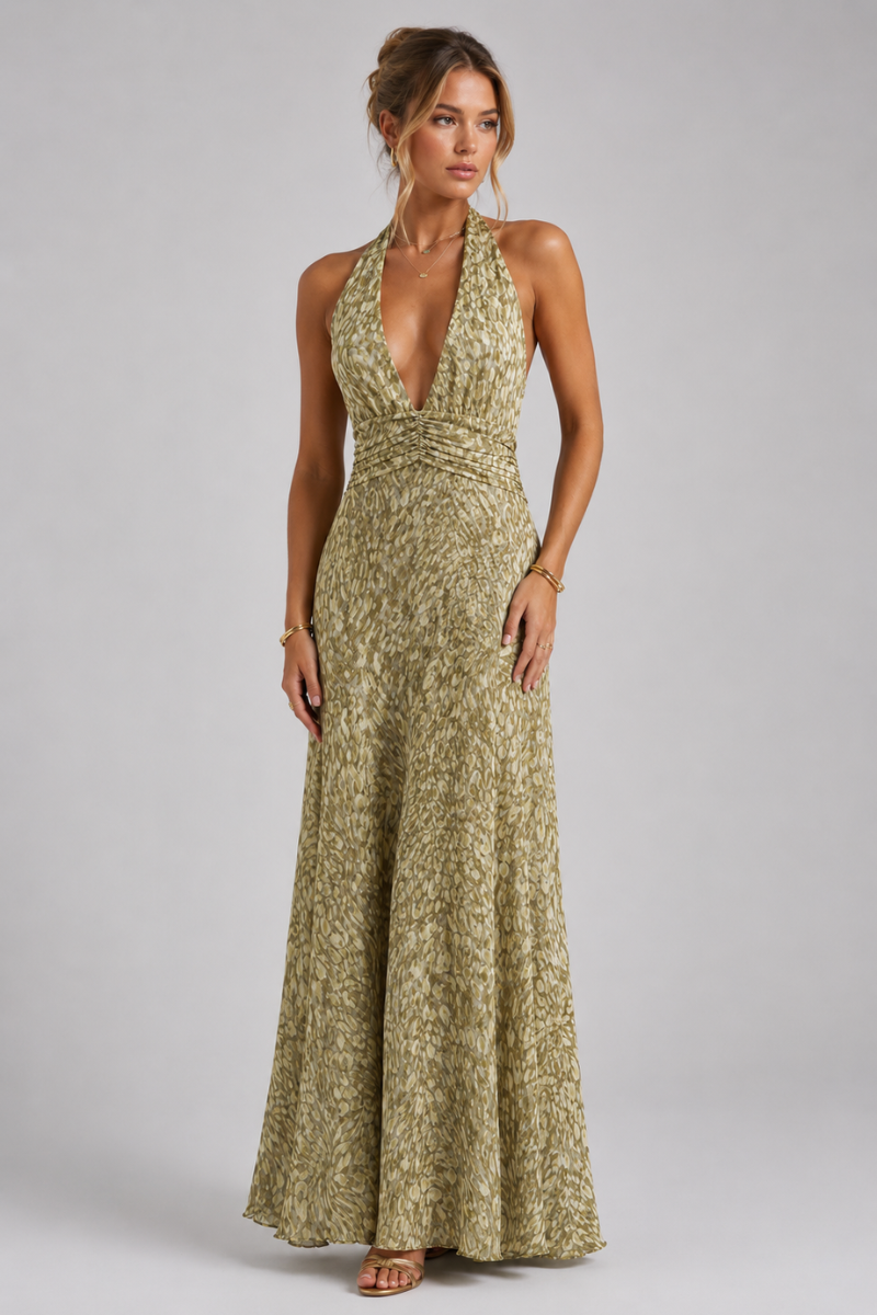 Women's Floral Halter Neck Maxi Dress – Elegant Summer Occasion Dress