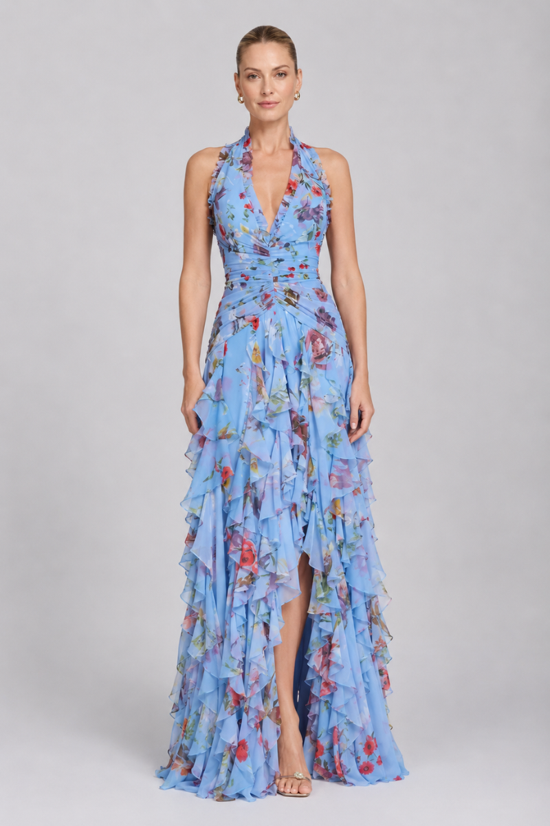 Women's Floral Halter Neck Maxi Dress – Elegant Wedding Guest Evening Dress