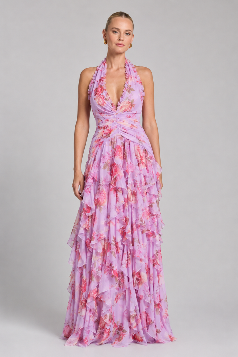 Women's Floral Halter Neck Maxi Dress – Elegant Wedding Guest Evening Dress