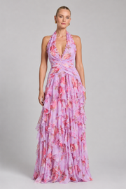 Women's Floral Halter Neck Maxi Dress – Elegant Wedding Guest Evening Dress