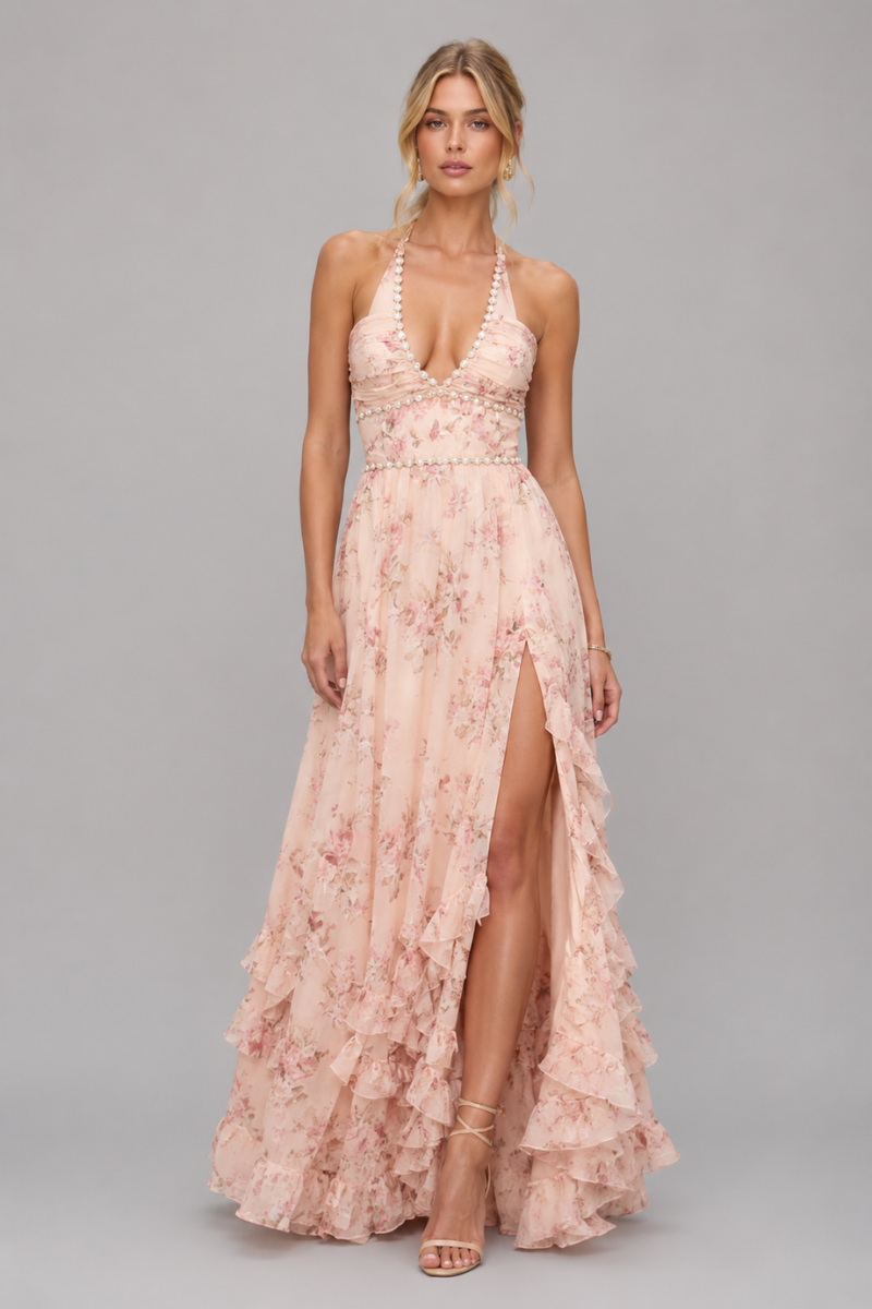 Women's Floral Halter V-Neck Slit Maxi Dress – Elegant Summer Occasion Dress
